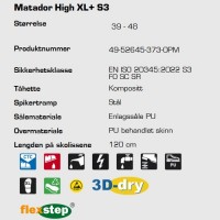 Sievi Matador High+ S3 ESD verneskolett, teknisk informasjon