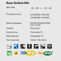 Sievi Racer EcoTech S3L ESD vernesko, teknisk informasjon