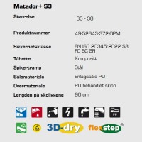 Sievi Matador+ S3 ESD vernesko, teknisk informasjon