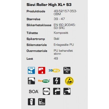 Sievi Roller High XL+ S3 ESD vernesko, informasjon