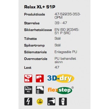 Sievi Relax XL+ S1P ESD vernesko, informasjon