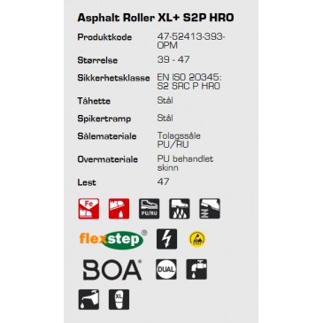Teknisk informasjon Sievi Asphalt Roller XL+ S2P HRO ESD varmebestandige vernesko