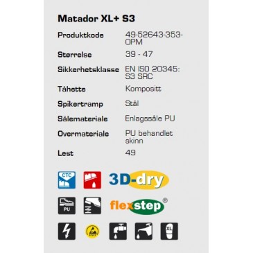 Sievi Matador XL+ S3 ESD vernesko, informasjon