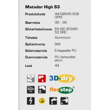 Sievi Matador High S3 ESD verneskolett, informasjon