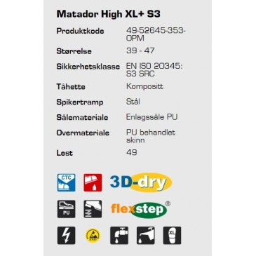 Sievi Matador High XL+ S3 ESD verneskolett, informasjon