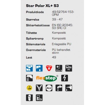 Teknisk informasjon Sievi Star Polar XL+ S3 ESD vinterstøvel med vern