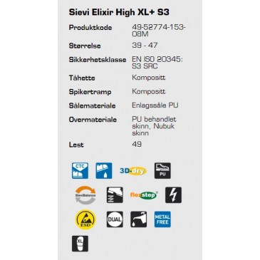 Sievi Elixir High XL+ S3 ESD vernesko, informasjon