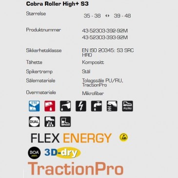 Sievi Cobra Roller High+ S3 ESD vernesko, teknisk informasjon