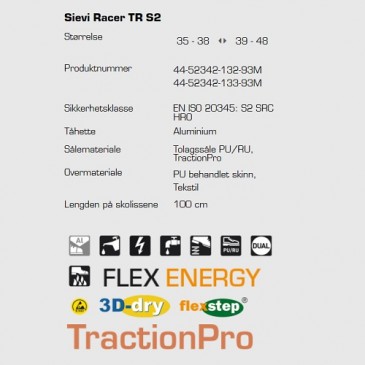 Sievi Racer TR S2 ESD vernesko, teknisk informasjon