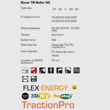 Sievi Racer TR Roller S3 ESD vernesko, teknisk informasjon