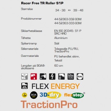 Sievi Racer Free TR Roller S1P ESD vernesko, teknisk informasjon