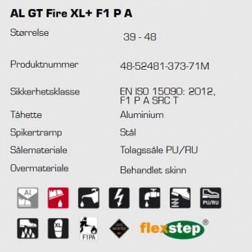 Sievi AL GT Fire XL+ F1 vernestøvel, teknisk informasjon