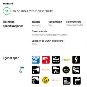Sievi Rescue TR Roller+ S3 ESD vernesko, teknisk informasjon
