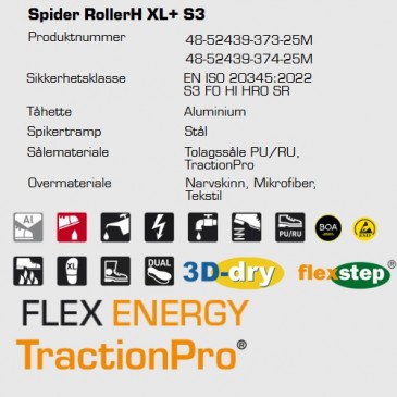 Sievi Spider RollerH+ S3 ESD vernesko, teknisk informasjon